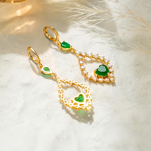 18K Gold Plated, Dangle Earrings for Women, Flower/Heart Drop earrings, Hypoallergenic Cubic Zirconia Earrings, Lightweight, Party, gold earrings, Jewelry for Gifts, Fashion - style: 7508-Green
