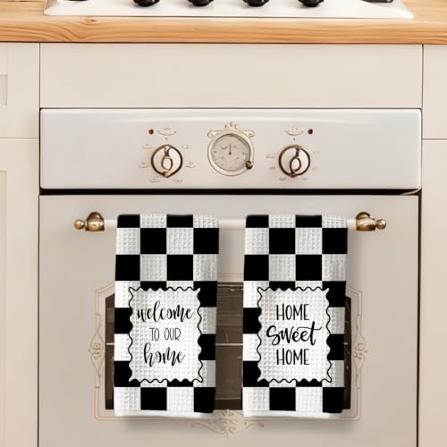 Black White Check Welcome Home Sweet Home Kitchen Towels Set of 2 - color: Sweet Home D