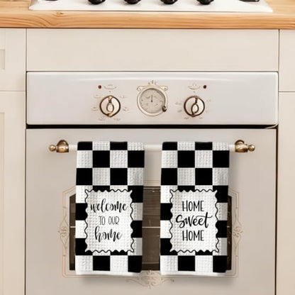 Black White Check Welcome Home Sweet Home Kitchen Towels Set of 2 - color: Sweet Home D