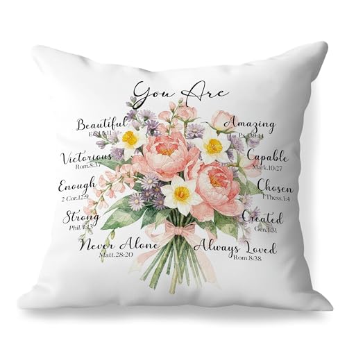 Floral Christian Pillow Cover 18x18, Christian Gifts for Women, Religious Bible Verse Inspirational Decorative Throw Pillow Cover for Home Living Room Bedroom Sofa Couch - color: You Are