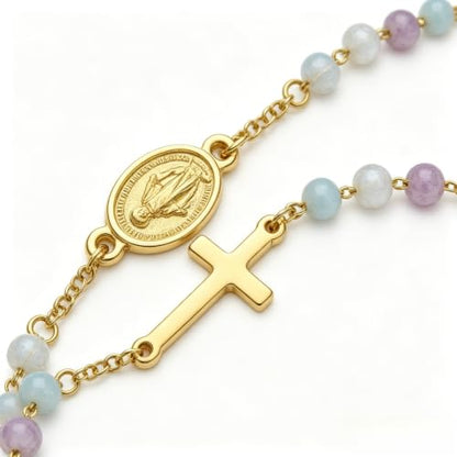 18K Gold Plated 316L Stainless Steel Rosary Bracelet for Women, Amazonite Amethyst Larimar Stone Beaded Cross Bracelet with Religious Medal, First Communion Confirmation Baptism Religious Gift Jewelry, 7.5inch