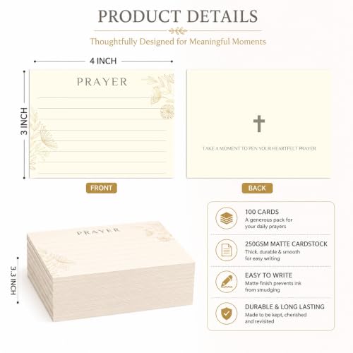 100 Pcs Lined Prayer Cards - 4x3 Christian Note Cards with Cross & Botanical Art - 250GSM Matte Paper Boxed Set for Church, Small Group & Prayer Requests - color: CHAMPAGNE