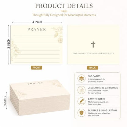 100 Pcs Lined Prayer Cards - 4x3 Christian Note Cards with Cross & Botanical Art - 250GSM Matte Paper Boxed Set for Church, Small Group & Prayer Requests - color: CHAMPAGNE