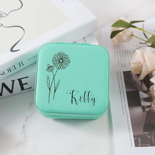 Ships Next Day, Personalized Travel Jewelry Mirror Case with Name Birth Flower, Bridesmaid Proposal Gifts Box Custom Birthday Gifts for Women, Christmas Customized Gifts for Teenage Girls - color: Birth and Flower Box-Turquoise