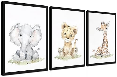 Safari Nursery Wall Art Set of 3, Cute Animal Kids Baby Room Decor Paintings, Jungle Giraffe Elephant Canvas Prints Pictures for Boys and Girls Bedroom Decor 12x16 Inch Wood Framed - color: Colorful Animals, size: 16L" x 12W"