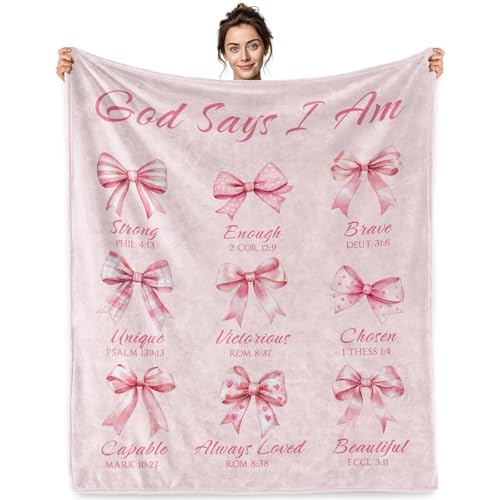Jekeno Christian Gifts Blanket God Says I Am Pink Bow Scripture Blanket - color: God Says I Am, size: 50x60 Inch