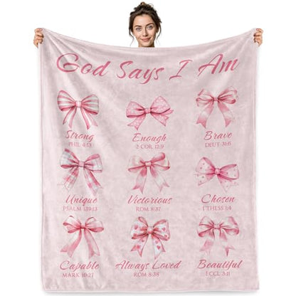 Jekeno Christian Gifts Blanket God Says I Am Pink Bow Scripture Blanket - color: God Says I Am, size: 50x60 Inch