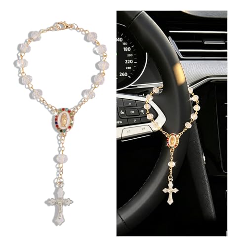 Car Rosary for Rearview Mirror,Rhinestone Cross for Car Steering Wheel Charm as Catholic Religious Gifts,Rosary for Cars Steering Wheel Chain as Cars Mirror Hanging Accessories Cross (White) - color: White