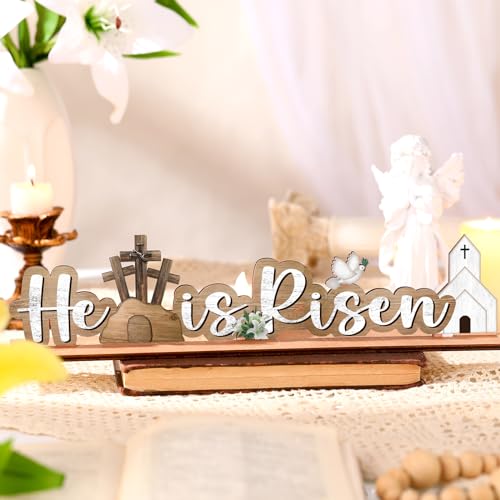 Vercraft Easter Decorations He Is Risen Wooden Sign Religious Table Centerpiece Christian Farmhouse Tabletop Sign for Tiered Tray Decor Fireplace Mantel Room Birthday Spring, 2.2 x 9.7 Inch(Classic) - style: Classic