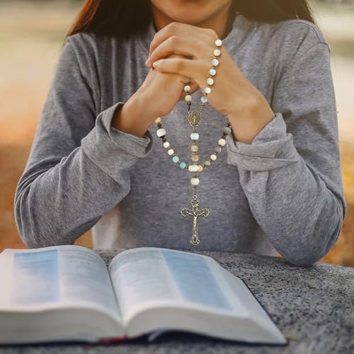 KOMI Catholic Gemstone Rosary Beads for Women - Holy Prayer Beads Necklace With Crucifix Cross
