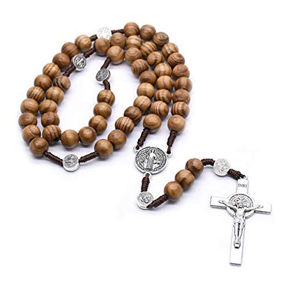 Handmade Wooden Resin Crucifix Rosary Beads Chain Pendant Necklace Colorful Love Heart Catholic Cross Virgin Mary Jesus Necklace for Women Men Religious Lord Praying Jewelry Gift - color: D brown