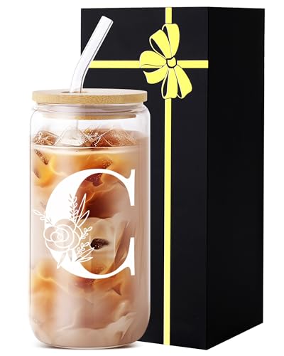 Monogrammed Glass Drinking Cup With Lid Straw Valentine Gift Personalized Coffee Cup Regalos Para Mujer Teen Girl Gifts Trendy Stuff Iced Glass Tumbler Must Haves For Women Apartment Essentials - style: Initial C
