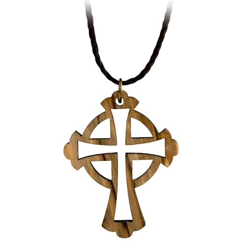 Logos Trading Post Celtic Cross, Wooden Cross Necklace for Men & Women, Certified Holy Land Olive Wood Orthodox Pendant Necklace from Bethlehem Israel, Christian & Catholic Religious Keepsake Gift - color: Open with Ring