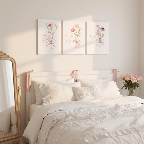 Baby Girl Nursery Wall Art Set of 3 Pink Bow Floral Canvas Prints, Christian Bible Verse Nursery Decor, Cute Flower Posters Pictures with Scripture for Girls Room Bedroom Framed 12x16 Inch - color: Scripture Flower, size: 16L"x12W"