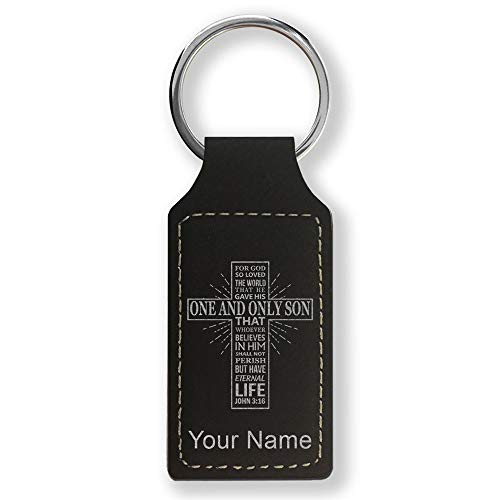 LaserGram Rectangle Keychain, Bible Verse John 3-16, Personalized Engraving Included - color: Black With Silver