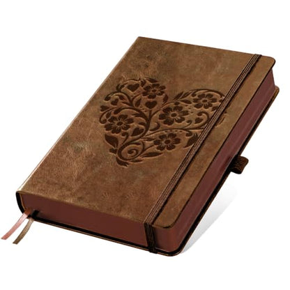 A5 Heart Shaped Flower Vine Leather Journal, 300 Pages Lined Notebook, Brown Vintage Pattern Hardcover Notebook for Travel Diary, Business, Work and School Daily Writing - style: Flower Vine