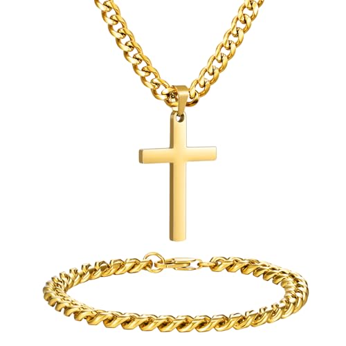 NORBU Stainless Steel Cross Necklace and Bracelet Set for Men, Cuban Link - color: Gold Cuban