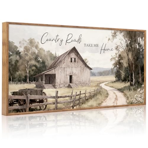 Aurlan Farmhouse Country Old Barn Framed Canvas Wall Art 40x20 Inch - color: Country Roads Take Me Home, size: 40"L x 20"W
