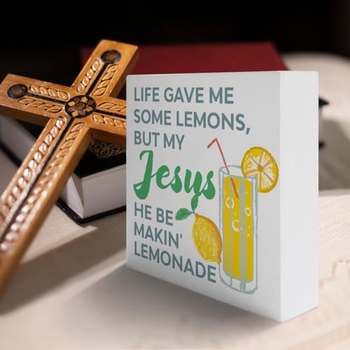 Christian Desk Decor Sign, Italy Italian Lemon Home Office Religious Decor Scripture Bible Verse Desk Decoration Christian Christening Baptism Gifts for Women Men, Jesus He Be makin' Lemonade