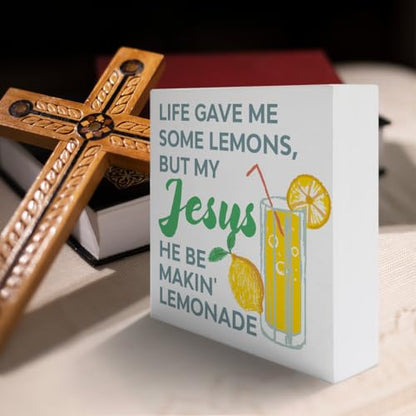Christian Desk Decor Sign, Italy Italian Lemon Home Office Religious Decor Scripture Bible Verse Desk Decoration Christian Christening Baptism Gifts for Women Men, Jesus He Be makin' Lemonade