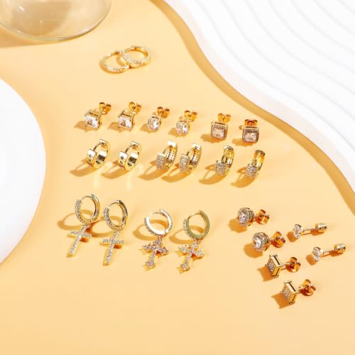 NEWITIN 12 Pairs Silver Earrings for Men Women Halo Stud Earring Set - color: Gold A