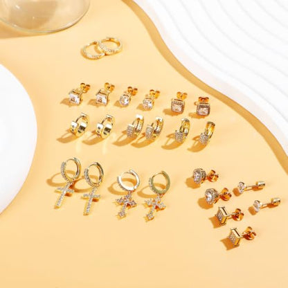 NEWITIN 12 Pairs Silver Earrings for Men Women Halo Stud Earring Set - color: Gold A