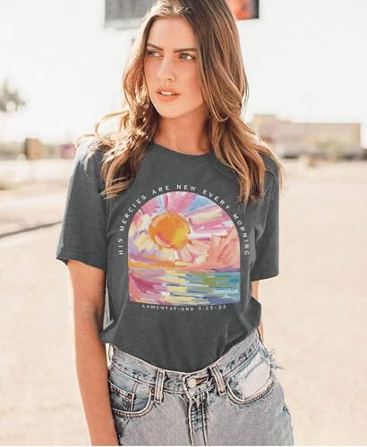 Christian Shirts for Women：Bible Verse T-Shirts Jesus God Faith Floral Graphic Vintage Boho Tees Short Sleeve Tops - color: Darkgrey Morning, size: Small