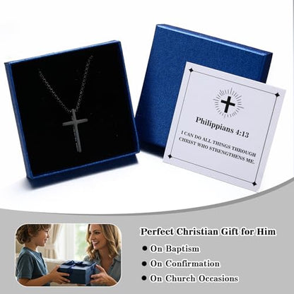 Cross Necklace for Boys Men, Stainless Steel Bible Verse