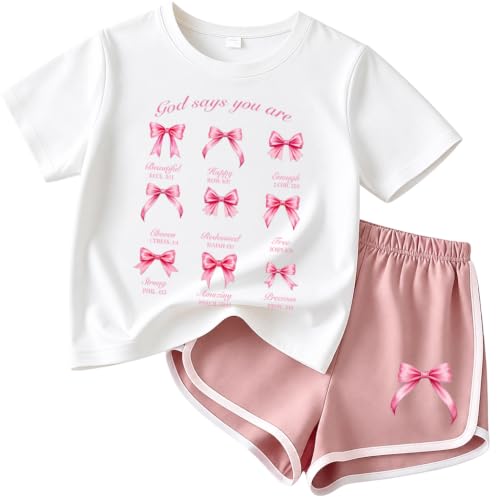 Eatbook Christian Girls Clothes 2 Pcs God is Good T-Shirt Bow Shorts Set - color: White1, size: 7-8 Years