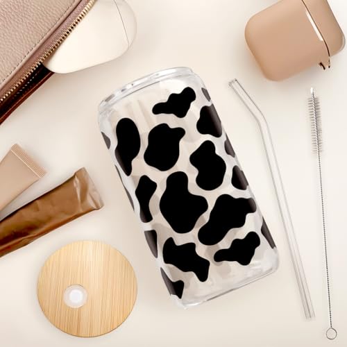 SANDJEST Cow Glass Can, Cow Prints Cup with Lid & Straw, Iced Coffee Aesthetic Cups, Idea Gift for Christmas Birthday Mother Day, Gifts for Women, 16oz - color: Cow Skin