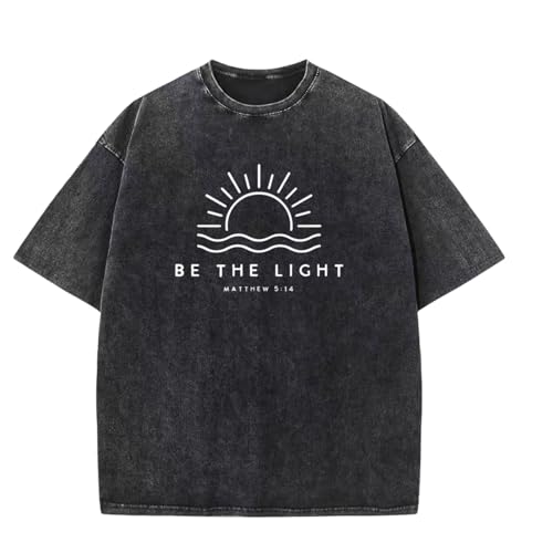 Christian Be The Light Shirts for Men Jesus God Faith Religious Bible Verse T Shirt Oversized Acid Wash Graphic Tees - color: Black, size: Small