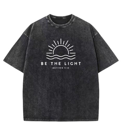 Christian Be The Light Shirts for Men Jesus God Faith Religious Bible Verse T Shirt Oversized Acid Wash Graphic Tees - color: Black, size: Large