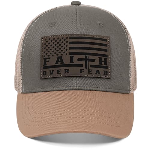 Faith Over Fear Christian Hats for Men Women, American Flag Trucker Hat, Religious Gifts for Thanksgiving Christmas - color: Grey Green