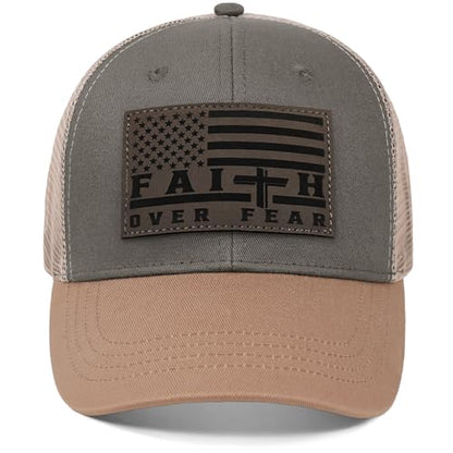 Faith Over Fear Christian Hats for Men Women, American Flag Trucker Hat, Religious Gifts for Thanksgiving Christmas - color: Grey Green