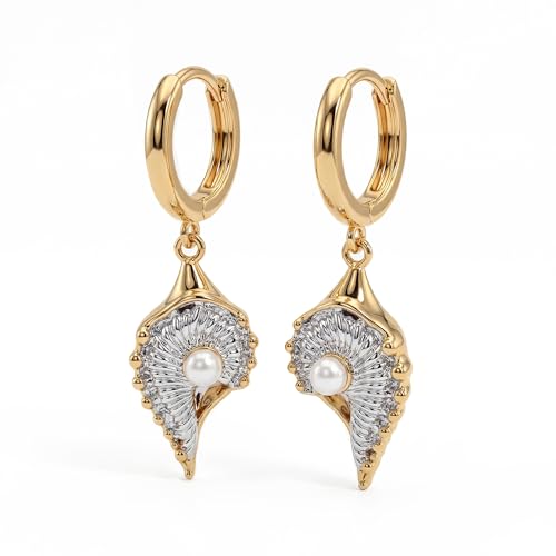 MYEARS Women Earrings Gold Huggie Hoop Dangle Drop 14K Gold Plated Small Simple Hypoallergenic Everyday Jewelry - style: Conch Shell