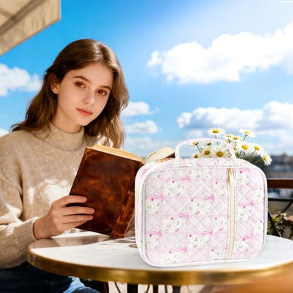 Zkptops Bible Cover Case for Women Large Bible Bag Cotton Quilted Bible Carrying Case with Zipper Pocket and Handle Carrying Book Cover for Christian Study Supplies Christian Gift(Bow Flower) - color: Fr Pink Purple Bow Flower