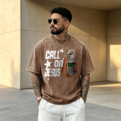 Christian Call On Jesus Shirts for Men Funny Graphic Tees Oversized Religious Shirt Jesus Faith Acid Wash Tshirt - color: Coffee, size: Medium