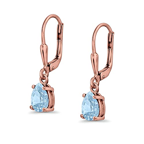 Teardrop Bridal Dangling Leverback Earrings Pear Cubic Zirconia 925 Sterling Silver - color: Rose Tone, Simulated Aquamarine CZ