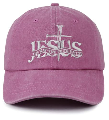 Christian Jesus Hat for Men Women, Adjustable Cotton Embroidered The Way The Truth The Life Baseball Cap - color: Pink