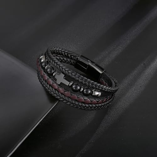 Men's Leather & Lapis/Onyx/Turquoise/Tiger Eye Cross Bracelet - Braided Christian Jewelry for Men, 8.3" & 9.1" Sizes - color: Black Onyx, size: 9.1in(Fits larger wrists)