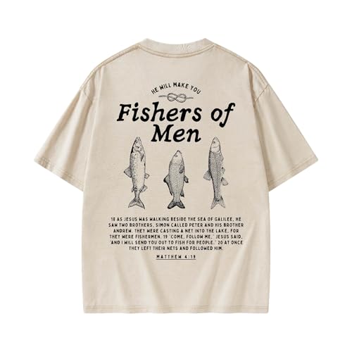 Christian Fishers of Men Shirt for Women Men Jesus Religious Oversized Graphic Tees Acid Wash Bible Verse Faith God T-Shirt - color: Beige, size: Small