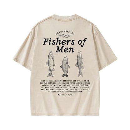 Christian Fishers of Men Shirt for Women Men Jesus Religious Oversized Graphic Tees Acid Wash Bible Verse Faith God T-Shirt - color: Beige, size: Small