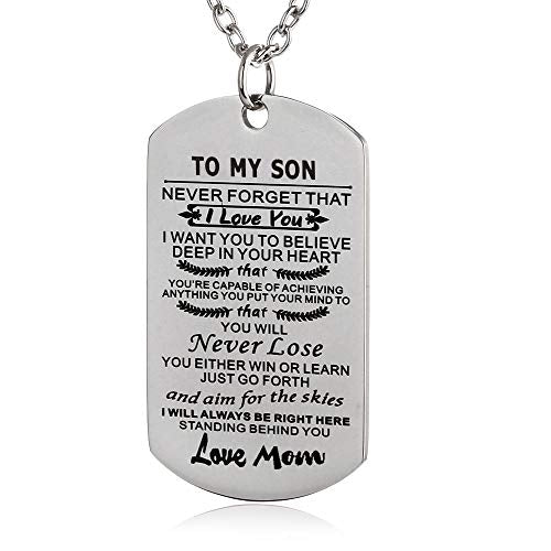 Christian Scripture Religious Dog Tag Necklace,Catholic Bible Verse Baptism Confirmation Sacrament Gifts - style: Never forget mom to son