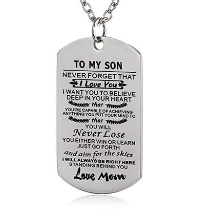 Christian Scripture Religious Dog Tag Necklace,Catholic Bible Verse Baptism Confirmation Sacrament Gifts - style: Never forget mom to son