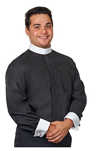 Men's Full Collar Clergy Shirt Long Sleeves - Includes Banded Collar w/White Cuffs - color: Black, size: 19"-19.5" Neck 36"-37" Sleeve
