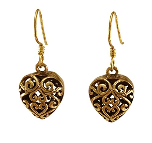Real Bronze Puffy Filigree Heart Drop Dangle Earrings Fish Hook Bronze Jewelry Gifts