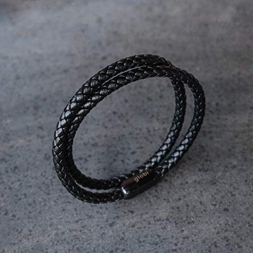 globi Leather Bracelet For Men | Genuine Wrap Braided Leather Cuff Bangle Bracelet with Magnetic Stainless Steel Clasp For Men/Women - color: Black