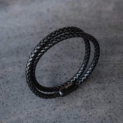 globi Leather Bracelet For Men | Genuine Wrap Braided Leather Cuff Bangle Bracelet with Magnetic Stainless Steel Clasp For Men/Women - color: Black