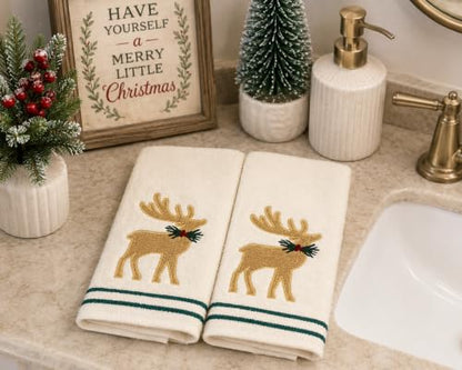Christmas White Guest Hand Bathroom Towels Elegant Winter Reindeer, 16x26" - color: Burlap Deer