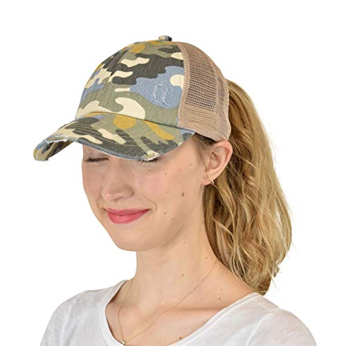 C.C Ponycap Messy High Bun Ponytail Adjustable Mesh Trucker Baseball Cap Hat - color: Distressed Camo Beige